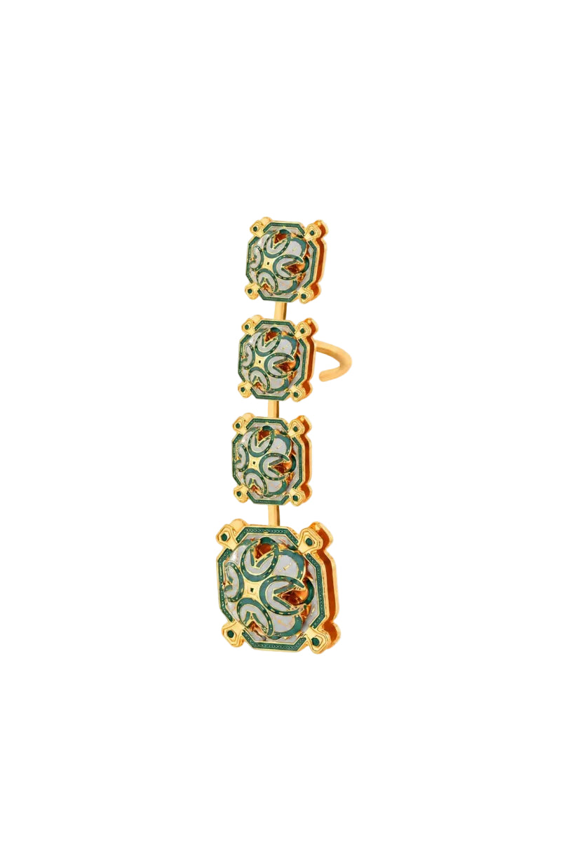 Green talisman ear cuff earrings by Álvaro Ávila featuring intricate design and metallic finish.