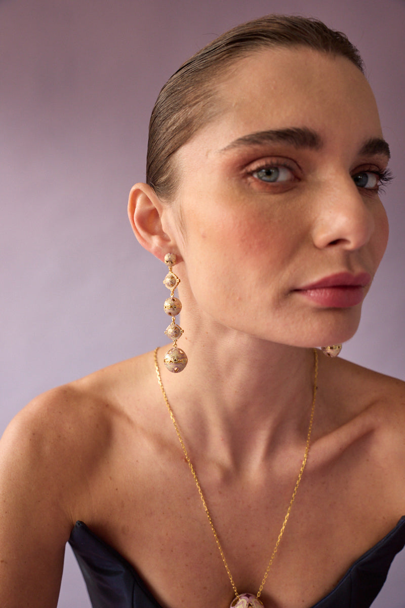 Lavender-colored Amuleto Drop Earrings by Álvaro Ávila featuring intricate design and elegant dangle style.