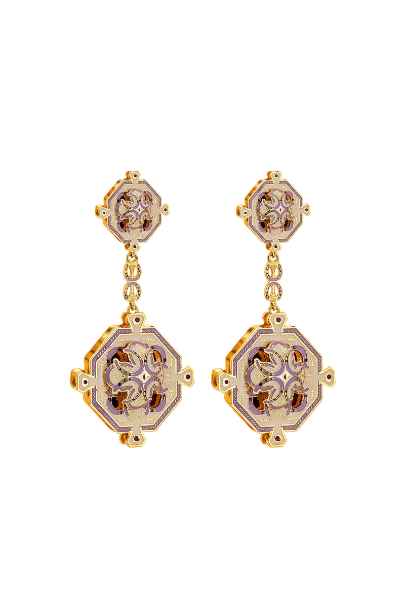 Lavender Jardin statement drop earrings by Álvaro Ávila with intricate floral design and elegant gold accents.