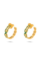 Green Sopo LAZO hoop earrings by Álvaro Ávila featuring intricate woven design and gold-tone hoops.