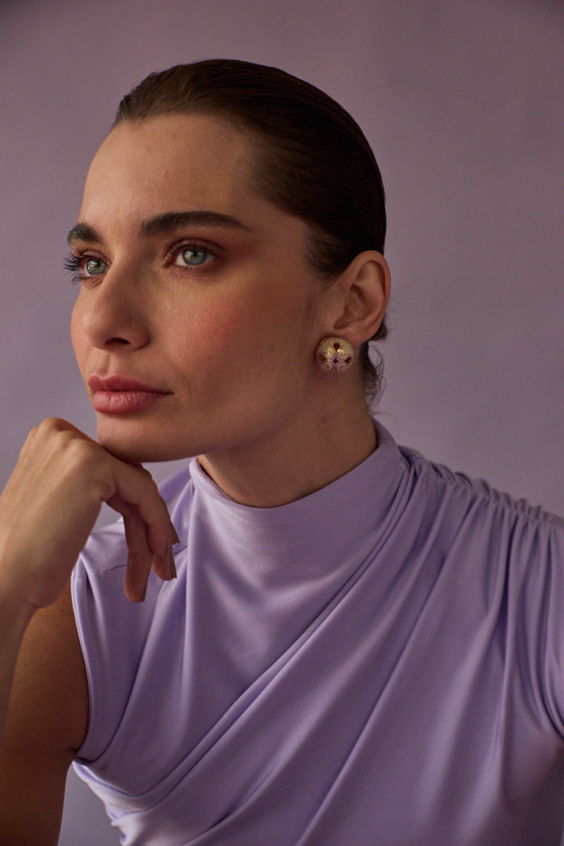 Lavender Encanto stud earrings by Álvaro Ávila featuring Monserrate design with intricate detailing on silver studs.