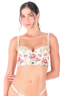 Ellipse Lingerie Dreamer Bustier Pattern bra with lace details, soft cups, and adjustable straps on a neutral background.