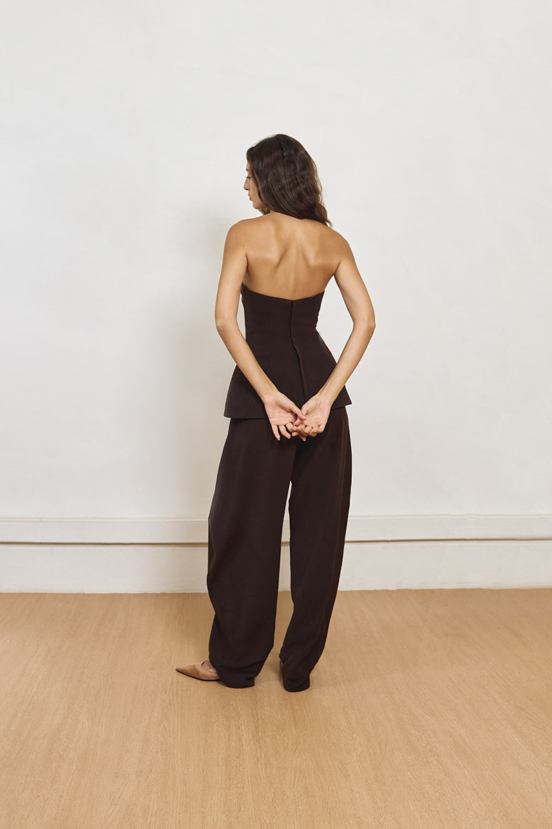 Brown Found Crepe Corset top by Yassmin Saleh, shown from the back with detailed crepe fabric and structured fit.