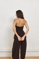 YASSMIN SALEH brown crepe corset top with back view, stylish and fitted fashion piece for elegant everyday wear.