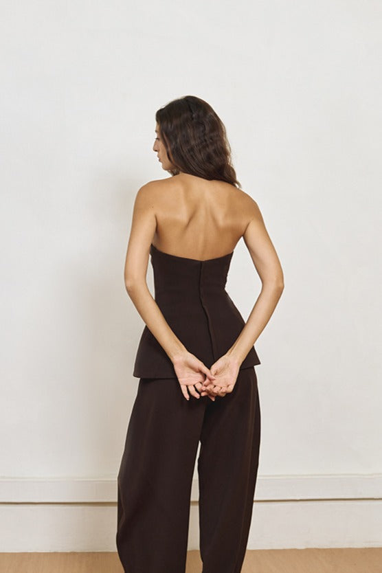 YASSMIN SALEH brown crepe corset top with back view, stylish and fitted fashion piece for elegant everyday wear.