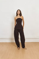 YASSMIN SALEH brown crepe corset top with front view, featuring structured design and fitted silhouette.