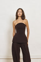 YASSMIN SALEH Found crepe brown corset top with structured fit, front view showcasing adjustable straps and elegant design.