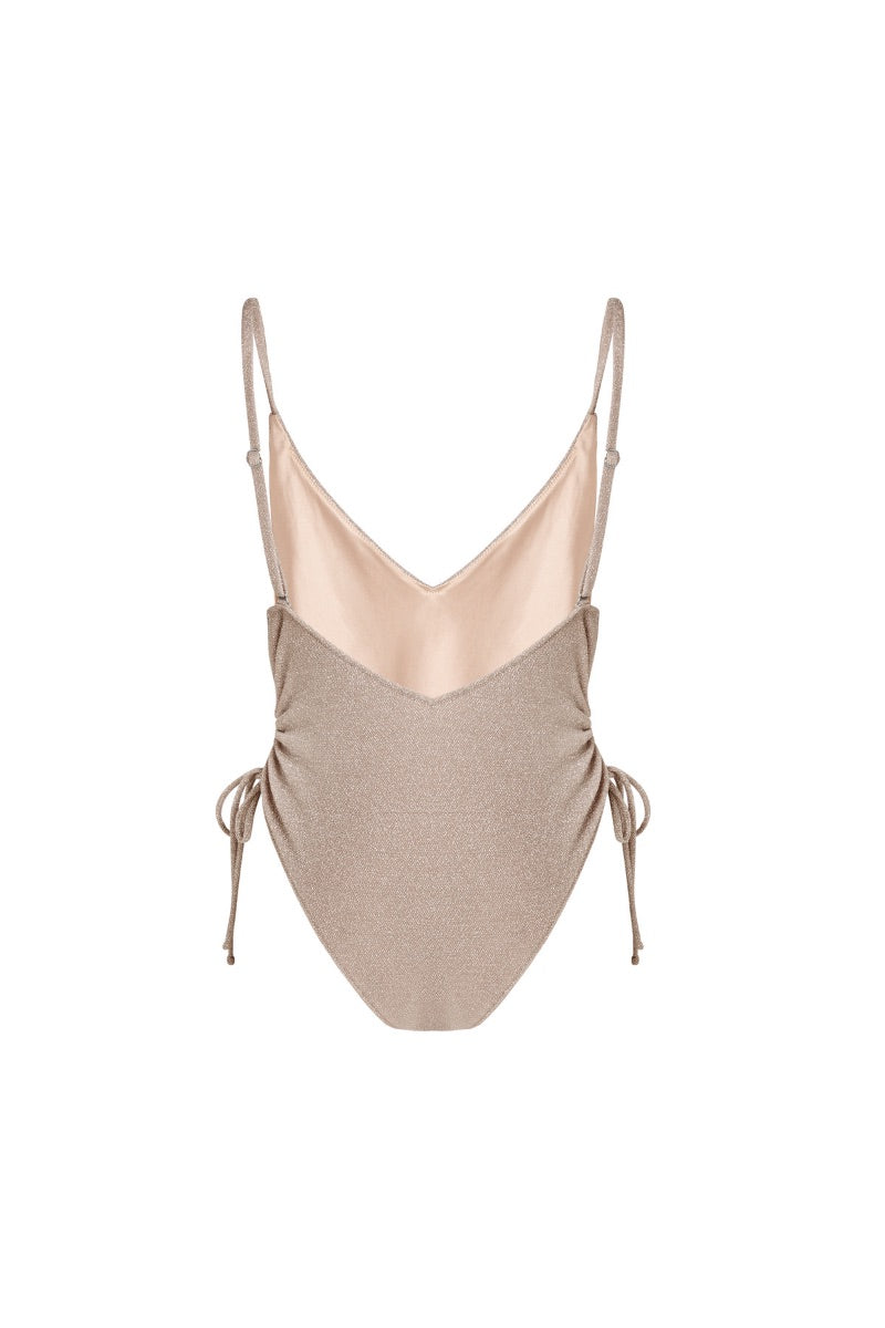 Beige Francesca swimsuit by Suncillo featuring a sleek, stylish design perfect for beach or pool wear.