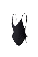 Black Francesca swimsuit by Suncillo, featuring a stylish one-piece design, shown on a model with a sleek, modern look.