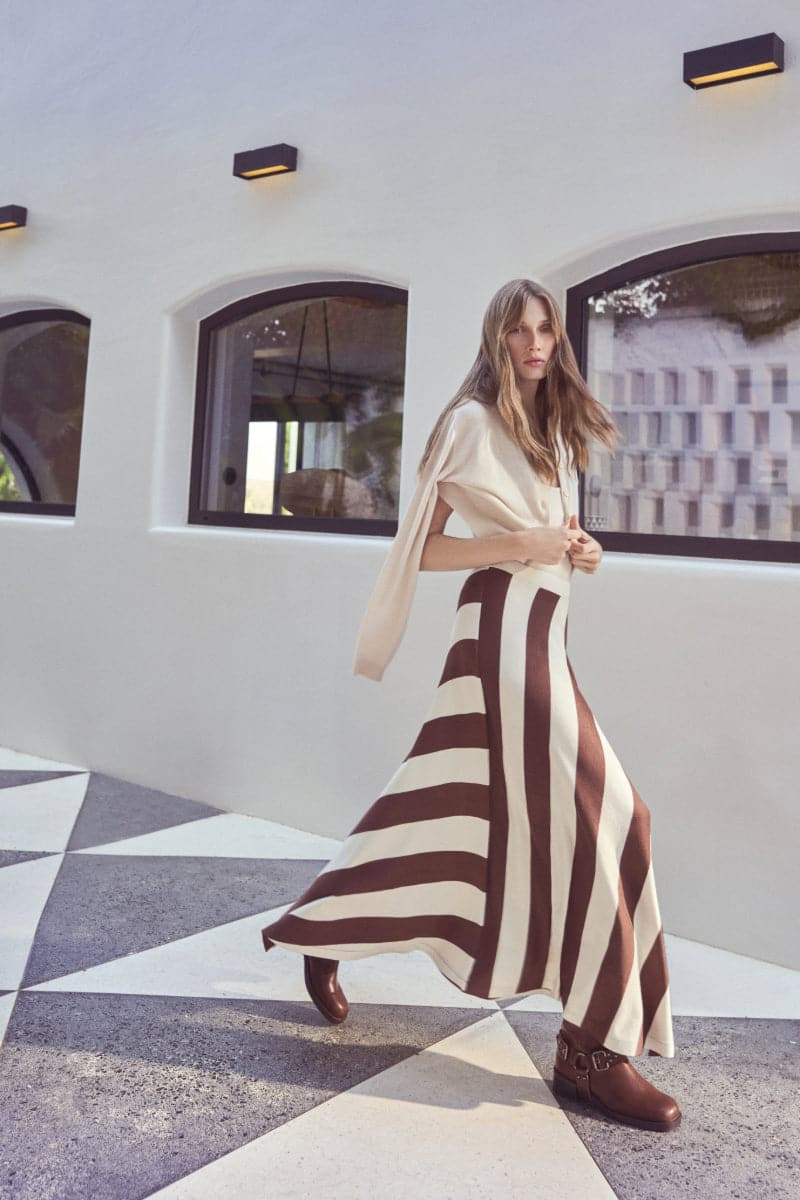 Labeca Frankie chocolate and ecru striped midi skirt displayed flat, showcasing its stylish pattern and fabric details.