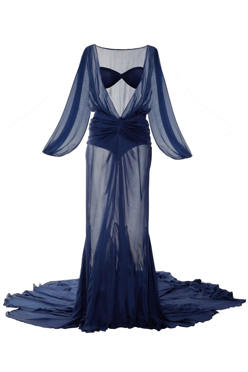 FREJA NAVY BLUE DEEP V-NECK GOWN - CULT MIA