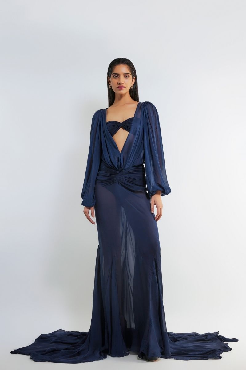FREJA NAVY BLUE DEEP V-NECK GOWN - CULT MIA