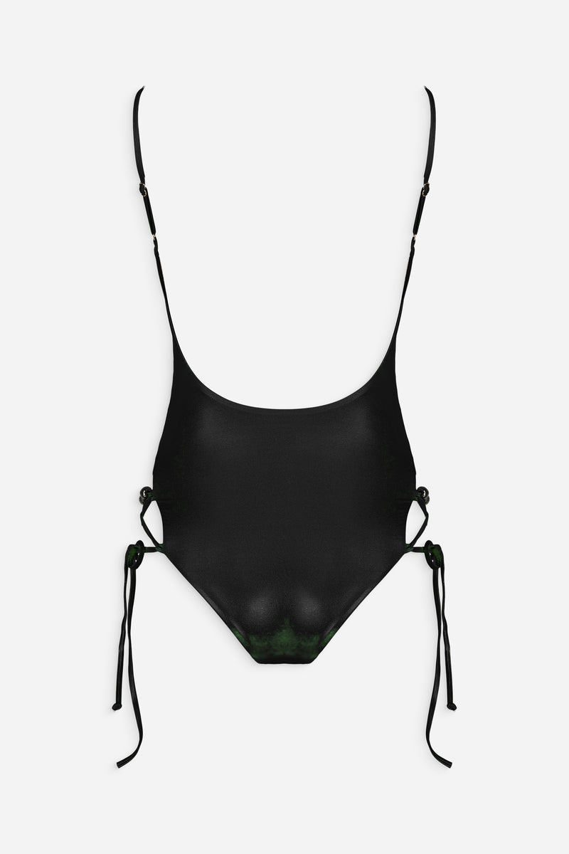 Shiny black Frey one-piece swimsuit by Maliluha with a sleek, fitted design perfect for beach or poolside wear.