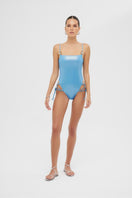 Shiny blue Frey one-piece swimsuit by Maliluha featuring a sleek, fitted design and comfortable straps.