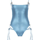 Shiny blue Frey one-piece swimsuit by Maliluha displayed on a mannequin, featuring a sleek, fitted design perfect for swimming.