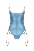 Shiny blue Frey one-piece swimsuit by Maliluha displayed on a mannequin, featuring a sleek, fitted design perfect for swimming.