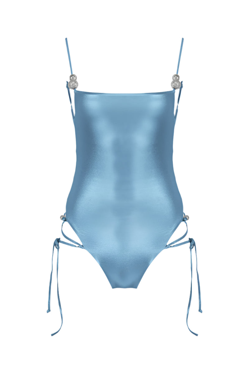 Shiny blue Frey one-piece swimsuit by Maliluha displayed on a mannequin, featuring a sleek, fitted design perfect for swimming.