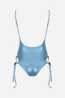 Shiny blue Frey one-piece swimsuit by Maliluha, featuring a sleek fit and stylish design, perfect for swimming or beachwear.