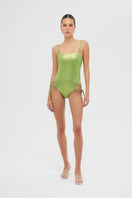 Shiny green Frey one-piece swimsuit by Maliluha featuring a sleek design and smooth fabric.