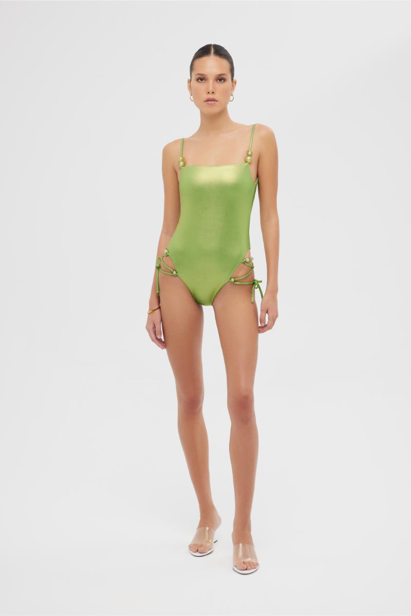 Shiny green Frey one-piece swimsuit by Maliluha featuring a sleek design and smooth fabric.