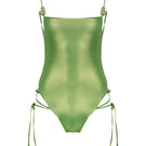 Shiny green Frey one-piece swimsuit by Maliluha featuring a sleek, fitted design and adjustable straps for a stylish swimwear look.