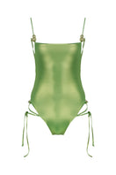 Shiny green Frey one-piece swimsuit by Maliluha featuring a sleek, fitted design and adjustable straps for a stylish swimwear look.