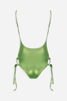 Shiny green Frey one-piece swimsuit by Maliluha, featuring a sleek design and smooth fabric, ideal for swimming and beachwear.