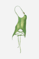 Shiny green Frey one-piece swimsuit by Maliluha displayed on a model, highlighting its sleek, fitted design and vibrant color.