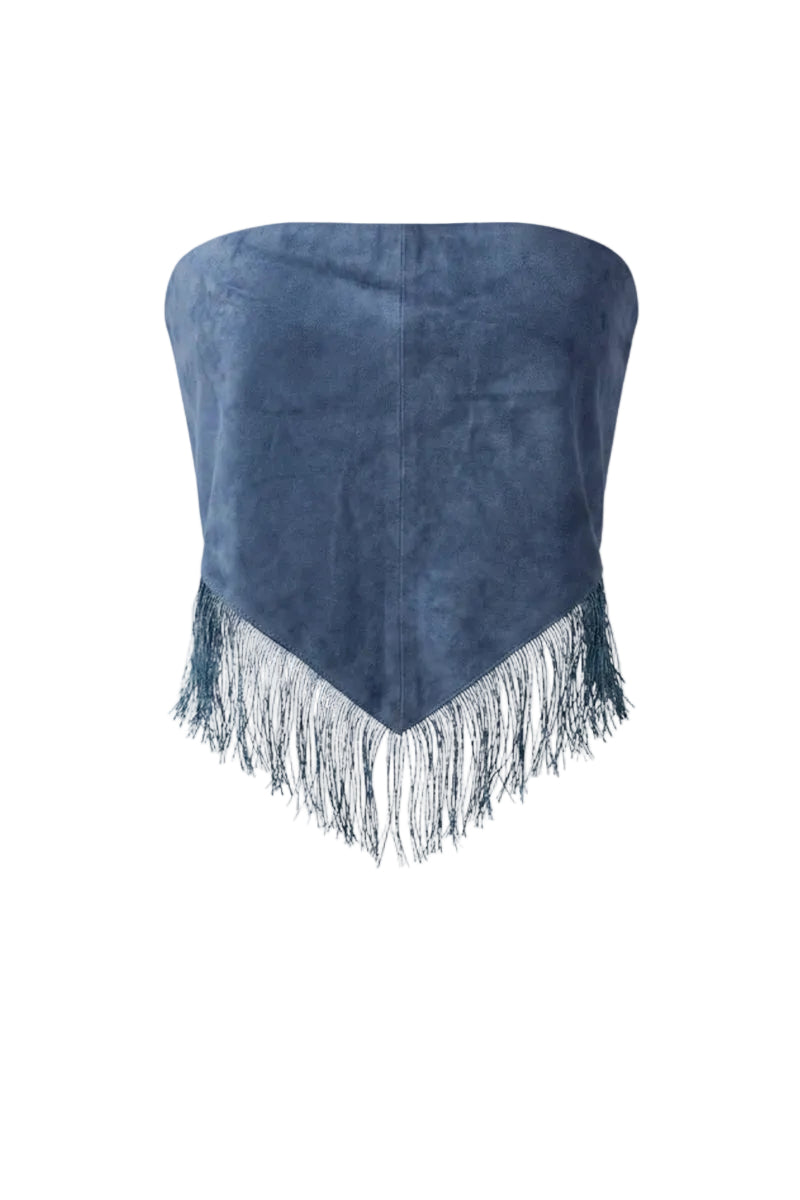 Blue fringed suede bandana by Double A, styled as a trendy top with fringed details and soft suede fabric.