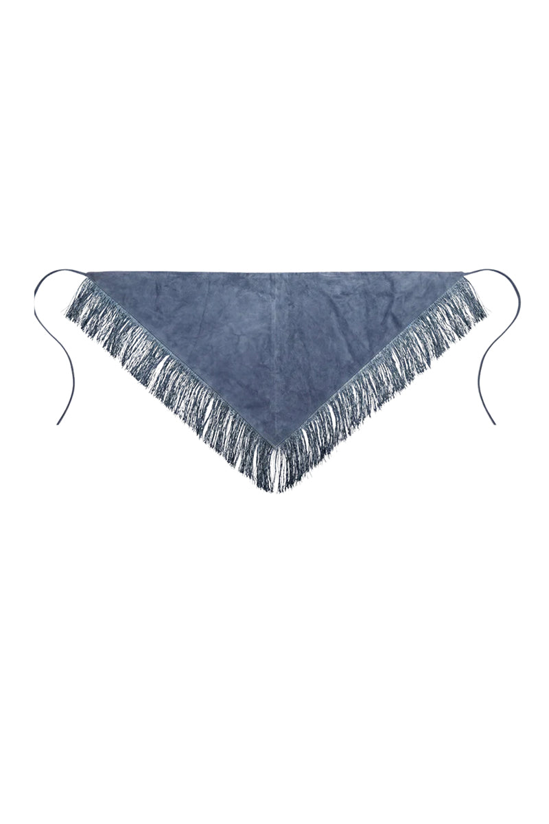 Blue fringed suede bandana by Double A, styled as a trendy top with fringe details and suede texture.
