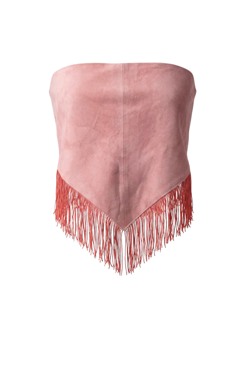 Pink fringed suede bandana top by Double A featuring stylish fringe details and soft suede material.