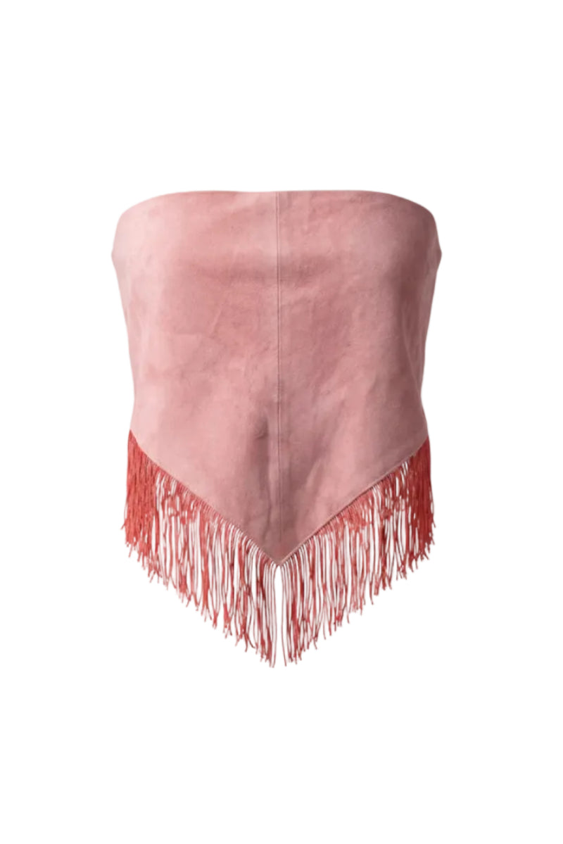Pink fringes suede bandana from Double A, stylish suede top with fringed detailing for a fashionable look.