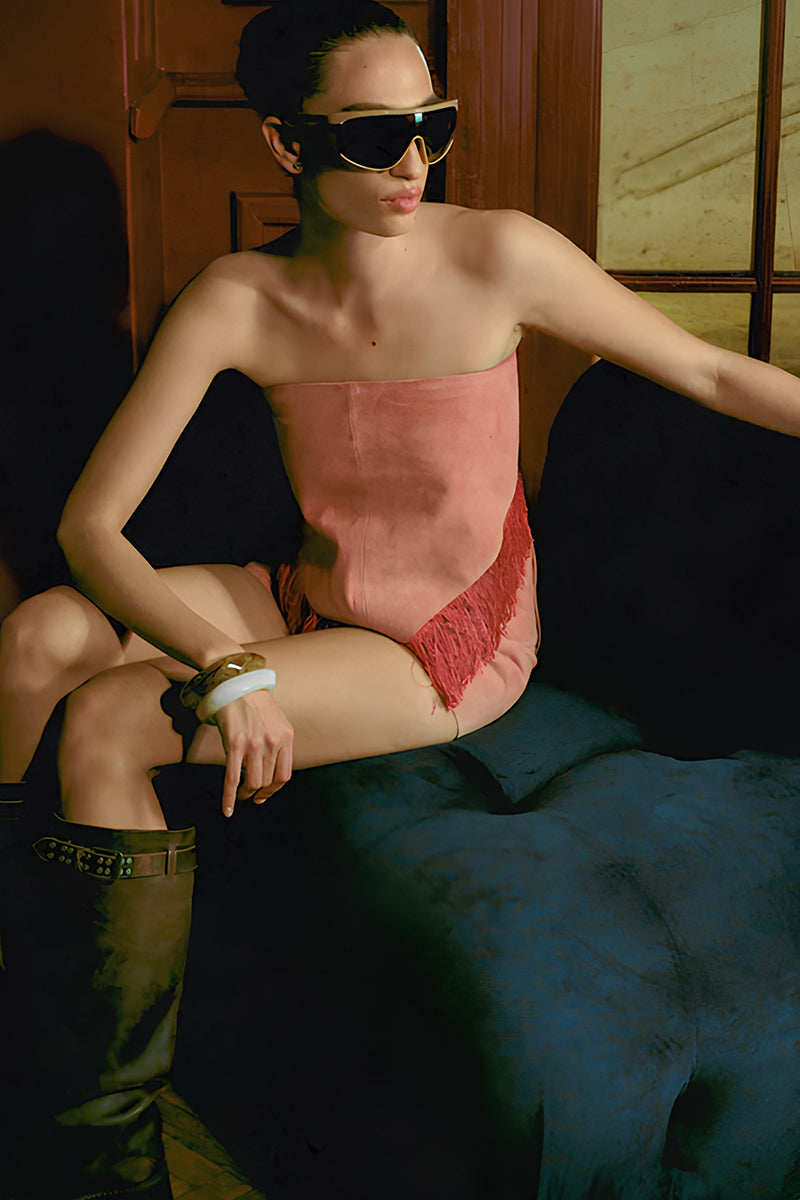 Pink fringes suede bandana top by Double A featuring soft suede material and stylish fringe details on the neckline.