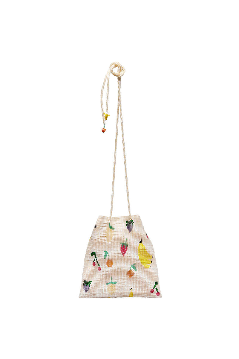 Beige Pura Utz fruit salad shoulder pouch bag with a compact, stylish design and vibrant fruit print.