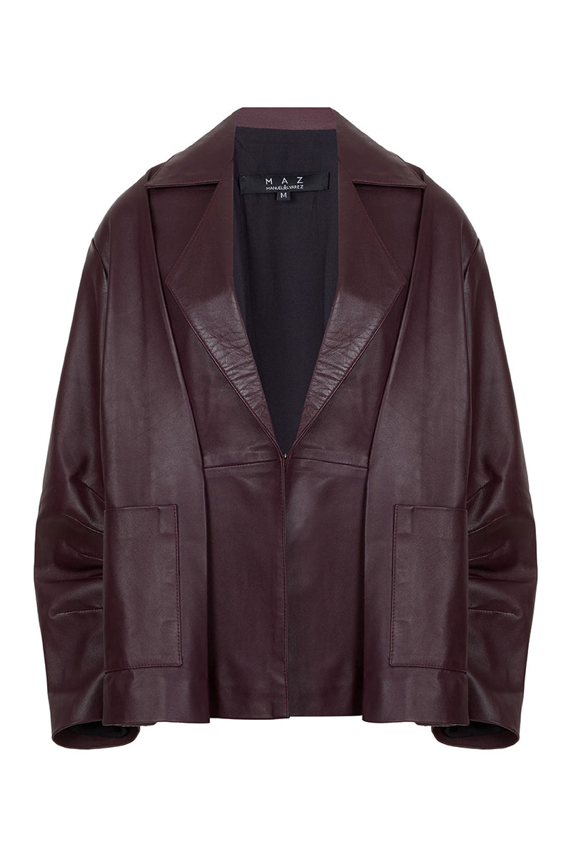 Wine red leather blazer by MAZ Manuela Álvarez featuring a tailored fit and classic lapel design.
