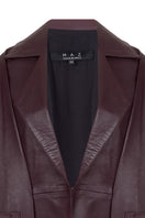 Maz Manuela Álvarez Furrows leather blazer in wine red, shown on a hanger with a tailored fit and smooth leather texture.