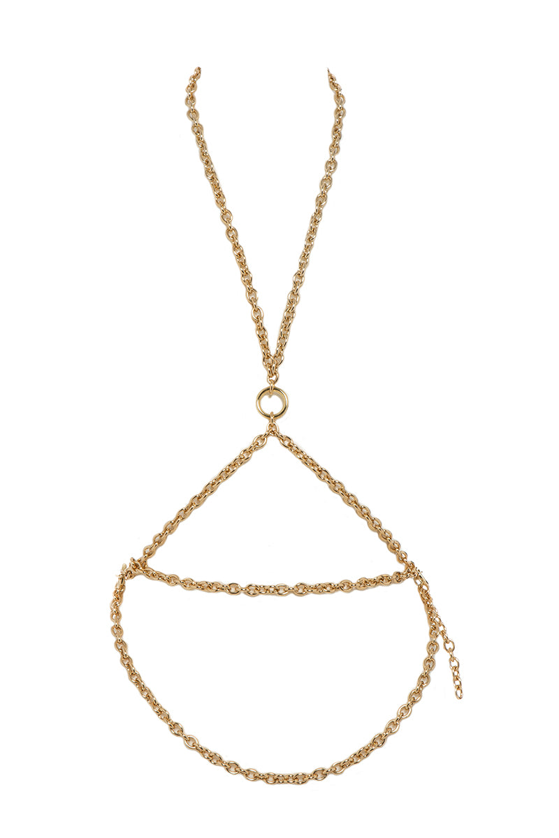 Gold Cassidy body chain jewelry by Silvia Gnecchi featuring layered chain design on a model.