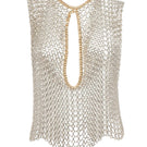 Silver and gold chain vest by Silvia Gnecchi, layered over a top, featuring intricate chain details and a modern, stylish design.