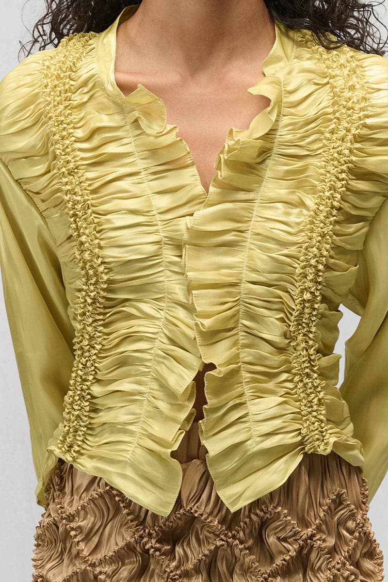 GABRIELA YELLOW VERTICAL SHIBORI LINE RUFFLE BLOUSE - CULT MIA