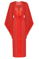 Bocan Couture Gabriella long silky chiffon robe displayed hanging, showcasing its flowing, elegant fabric and detailed design.