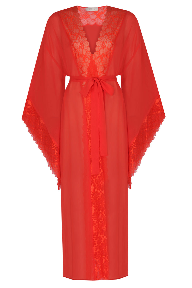 Bocan Couture Gabriella long silky chiffon robe displayed hanging, showcasing its flowing, elegant fabric and detailed design.