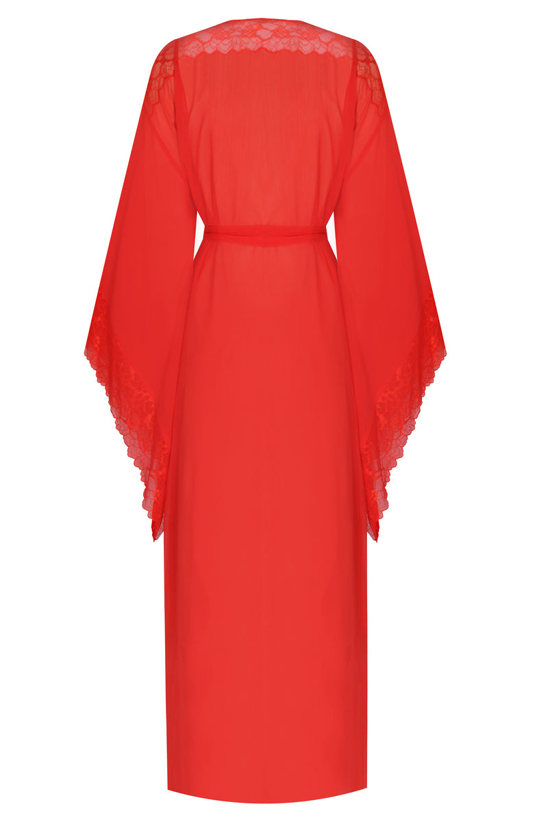 Bocan Couture Gabriella long silky chiffon robe displayed on a hanger with flowing fabric and elegant design.