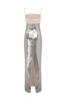 Silver SIRO gown by MOON / HAKAN YILDIRIM featuring elegant fabric and intricate design, shown with a flowing silhouette.