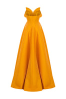Moon Hakaan Yildirim Soleil dress in Tangerine, elegant gown with flowing fabric and detailed design, shown from the back.