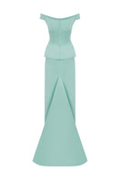 Light mint KEI gown by MOON / HAKAN YILDIRIM, featuring a flowing design with ghostback detailing and elegant fabric.