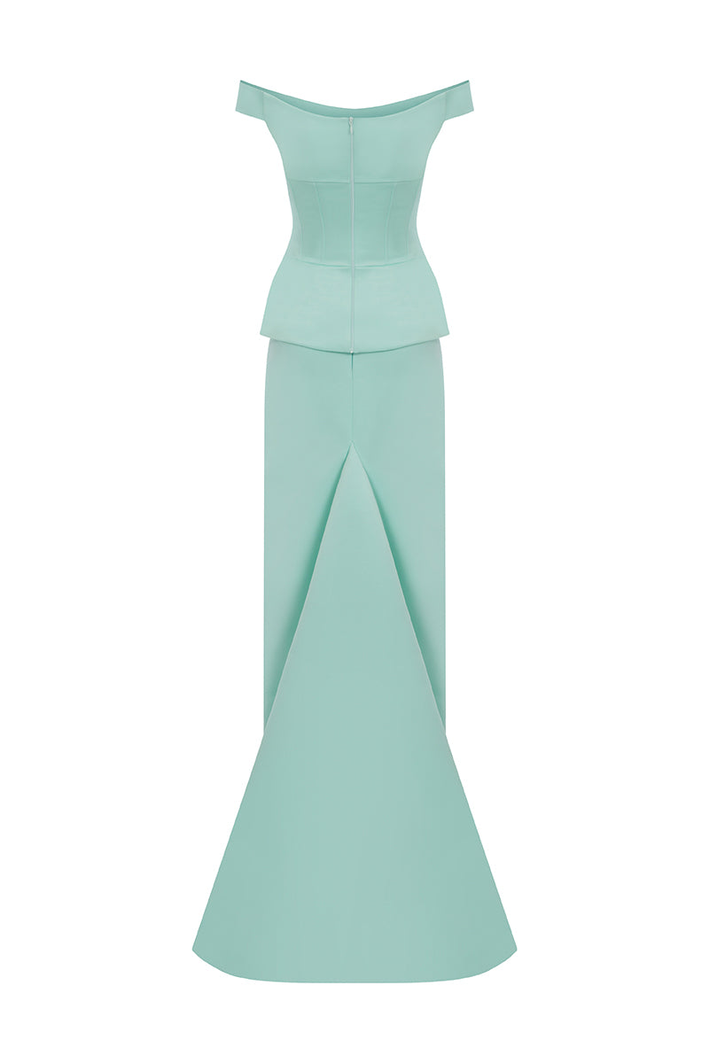 Light mint KEI gown by MOON / HAKAN YILDIRIM, featuring a flowing design with ghostback detailing and elegant fabric.