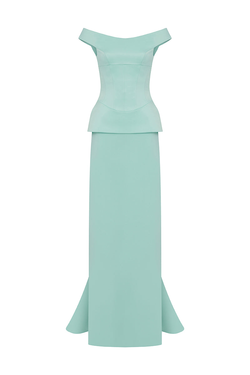 Light mint KEI gown by MOON / HAKAN YILDIRIM, featuring soft fabric and elegant design, displayed on a hanger.