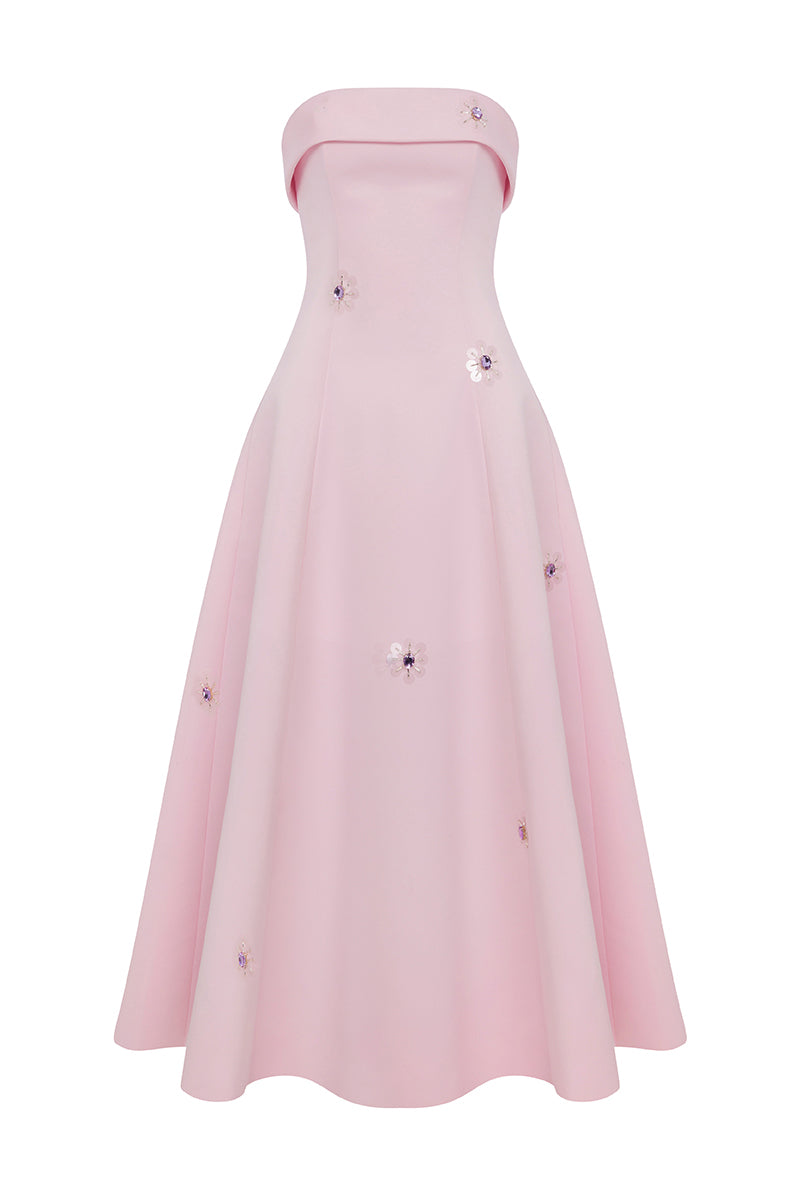 Baby pink Bloom gown by MOON / HAKAN YILDIRIM with elegant, flowing fabric and delicate design details.