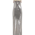 Silver SIRO gown by MOON / HAKAN YILDIRIM, featuring elegant fabric and a flowing silhouette in this stylish evening dress image.