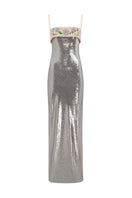 Silver SIRO gown by MOON / HAKAN YILDIRIM, featuring elegant fabric and a flowing silhouette in this stylish evening dress image.